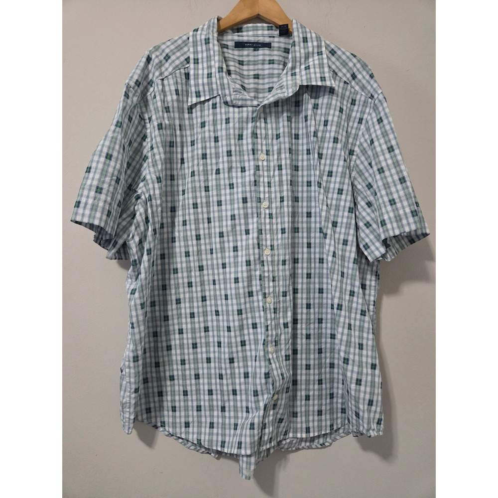 Perry Ellis Mens 3X‎ Short Sleeve Button Down Shirt Plaid Green Blue Cotton